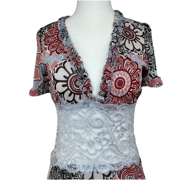 Bisou Bisou Floral Midi Mesh Dress Lace Waist V Neck Cap Sleeve Sheer 90’s Y2K-S - Picture 3 of 10